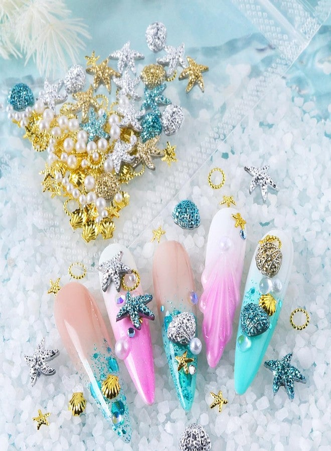 OSTTMA 100Pcs Summer Nail Charms 3D Shell Starfish Nail Art Charms Studs Pearl Rhinestones Gems Summer Sea Theme Nails Supplies Gold Silver Blue Resin Beach Manicure Decoration for Women DIY Craft Jewelry - Image 2